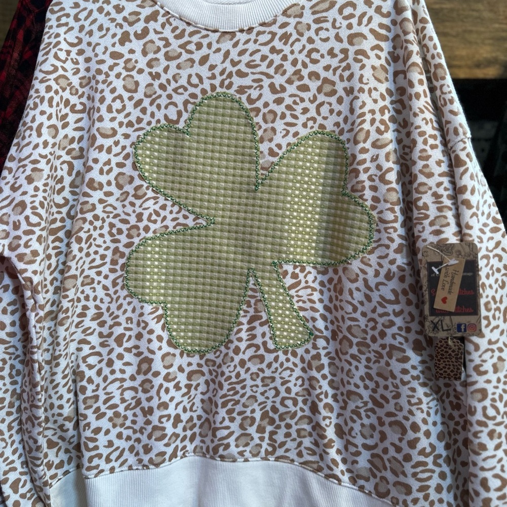 Handmade UpCycled Repurposed Reworked Leopard Sweater Shamrock St Patrick’s